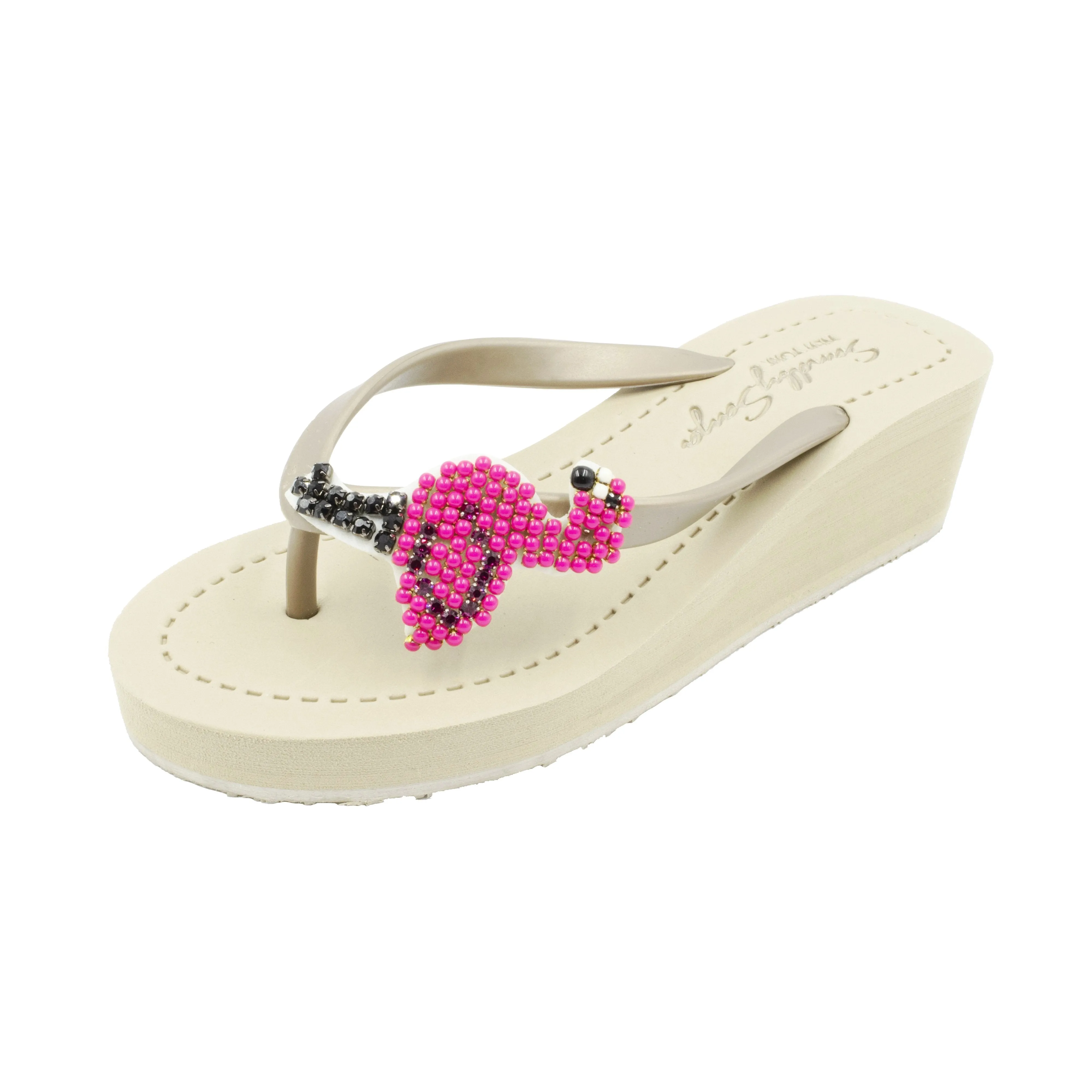 Pink Flamingo -Embroidered Mid Wedge Flip Flops