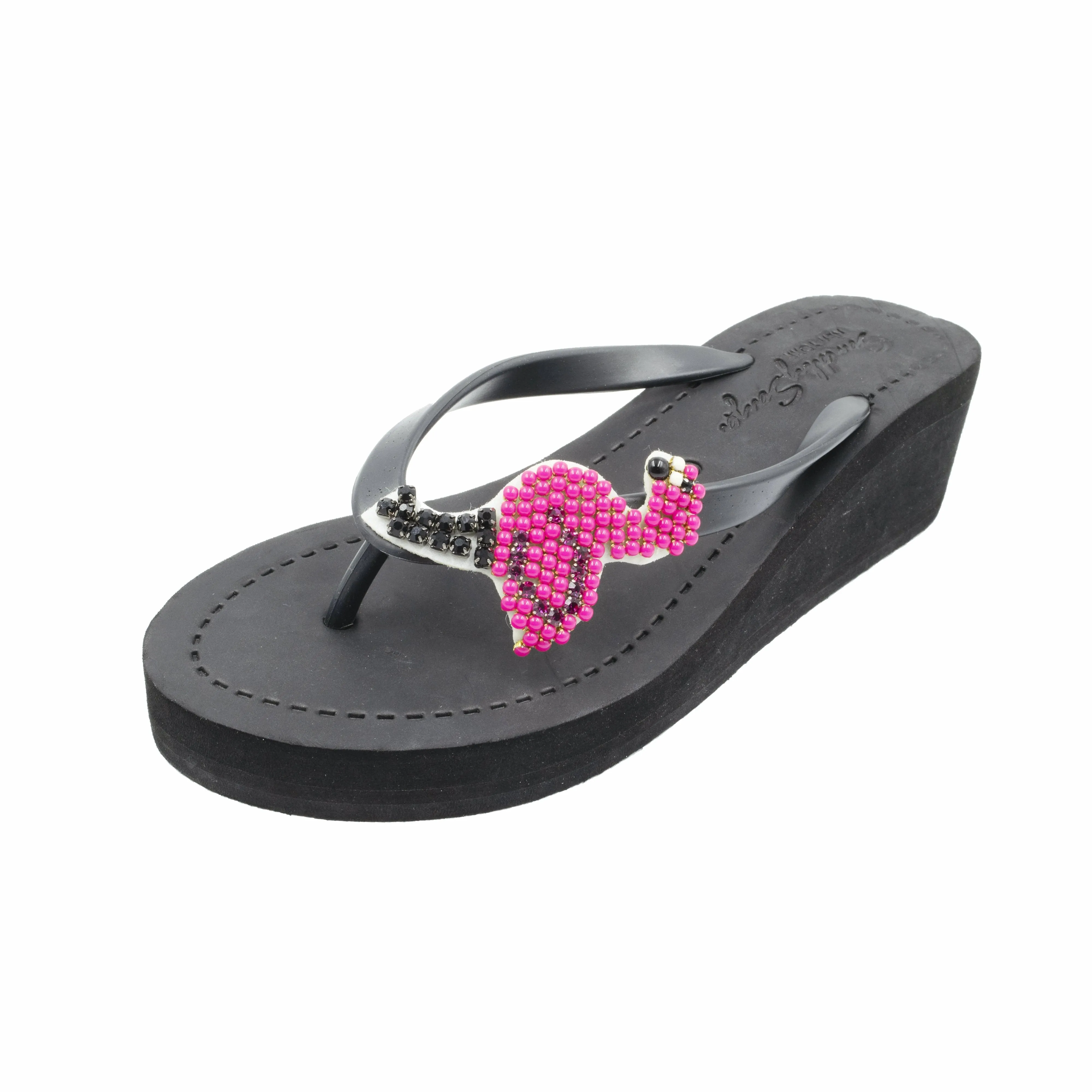 Pink Flamingo -Embroidered Mid Wedge Flip Flops