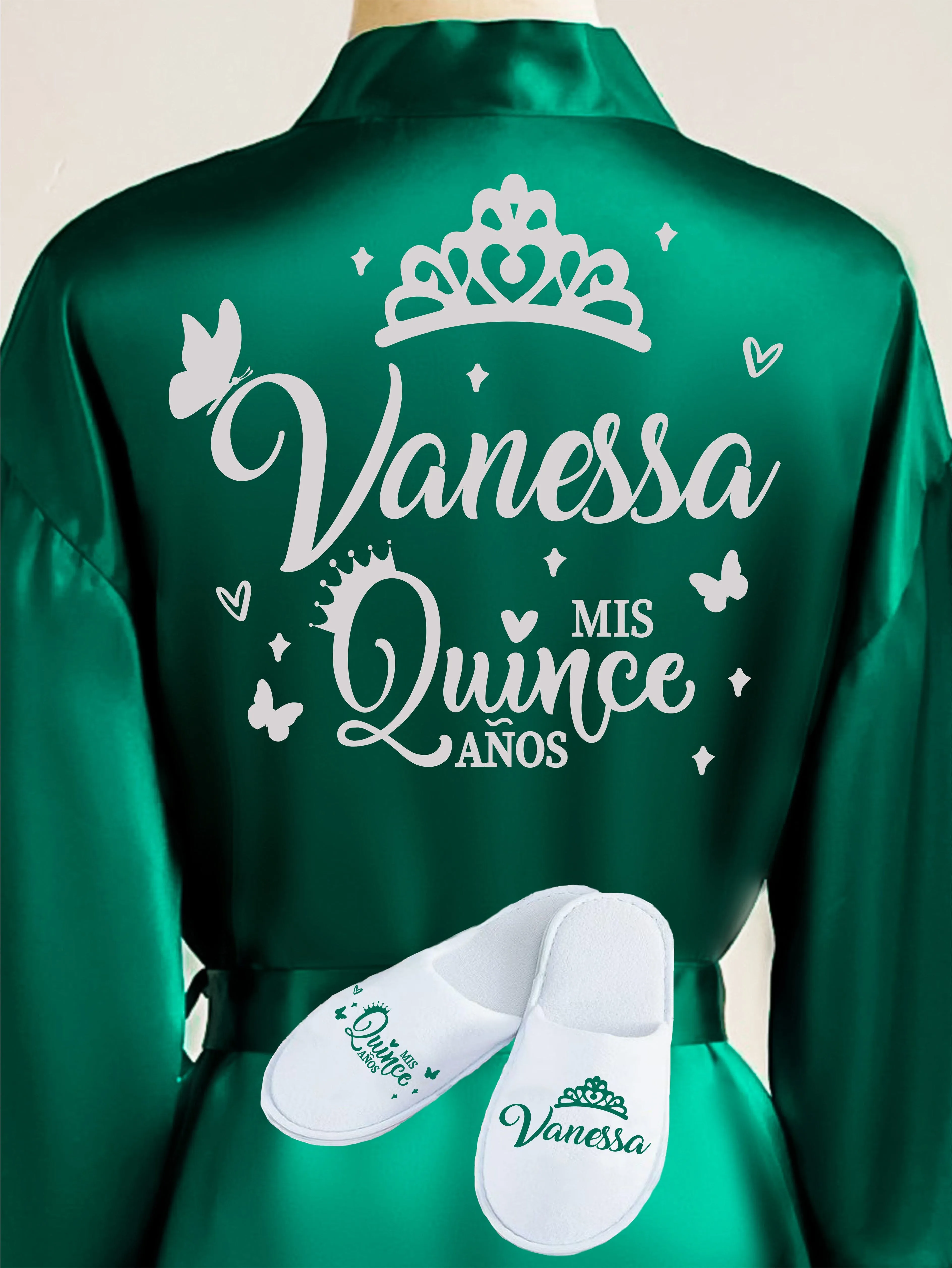 Quinceanera Green with Silver robe with slippers