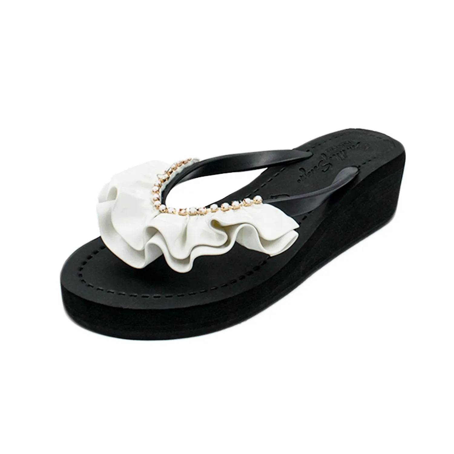 Ruffle rhinestone Rockaway White - Embroidered Mid Wedge Flip Flops