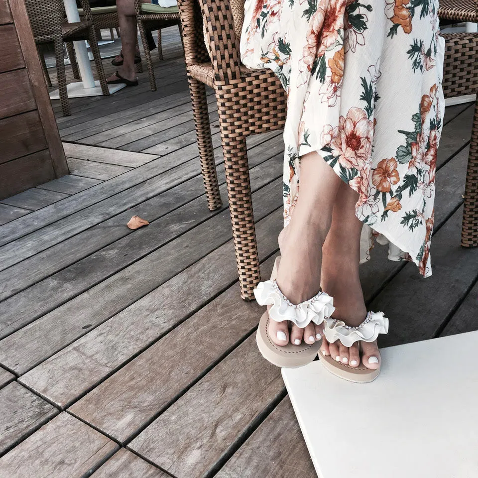 Ruffle rhinestone Rockaway White - Embroidered Mid Wedge Flip Flops