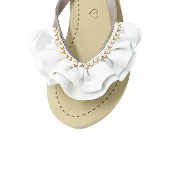 Ruffle rhinestone Rockaway White - Embroidered Mid Wedge Flip Flops