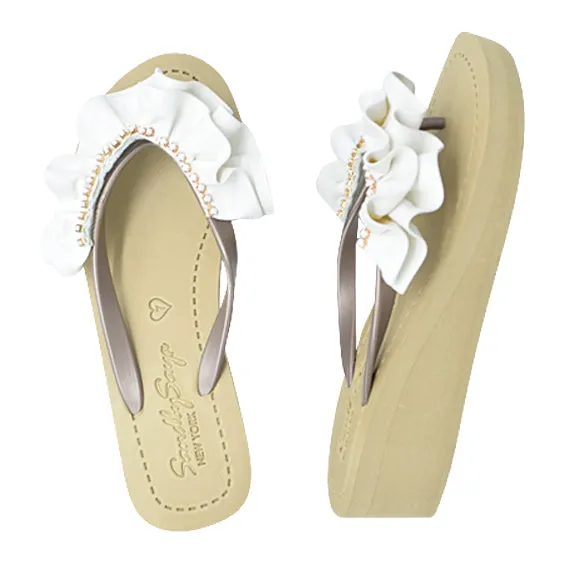 Ruffle rhinestone Rockaway White - Embroidered Mid Wedge Flip Flops