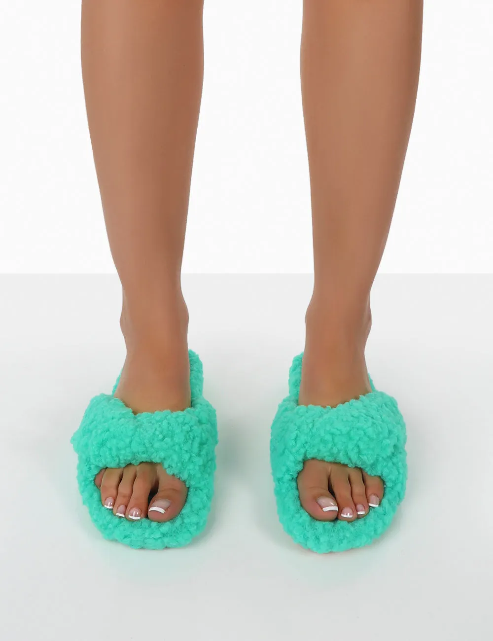 Slumber Green Teddy Cross Over Strap Slippers