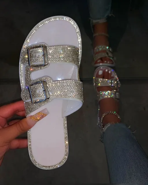 Summer Luxury Women Slippers Rhinestone Flat Double Buckle Decoration Open Toe Lightcolor Fashion Sexy Ladies Shoes Female 2020