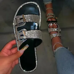 Summer Luxury Women Slippers Rhinestone Flat Double Buckle Decoration Open Toe Lightcolor Fashion Sexy Ladies Shoes Female 2020