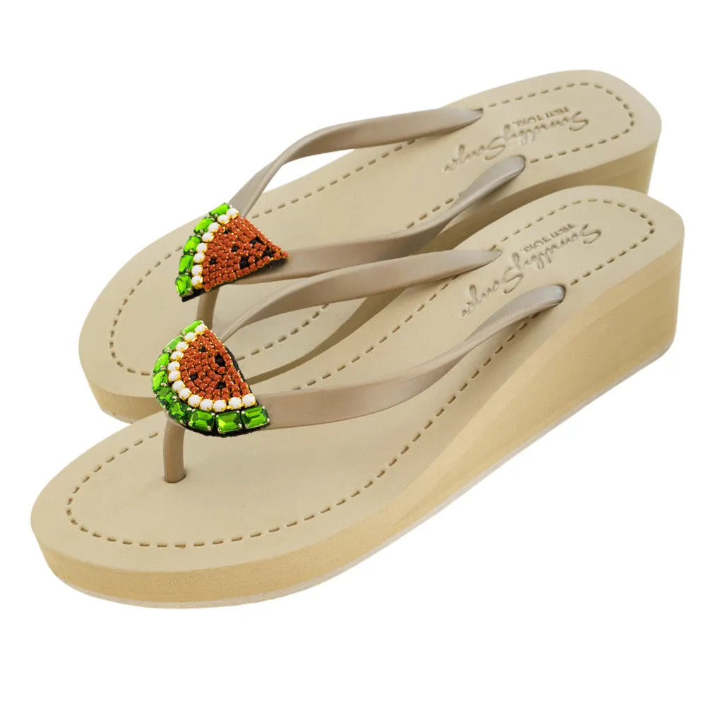 Watermelon - Rhinestone Mid Wedge Flip Flops