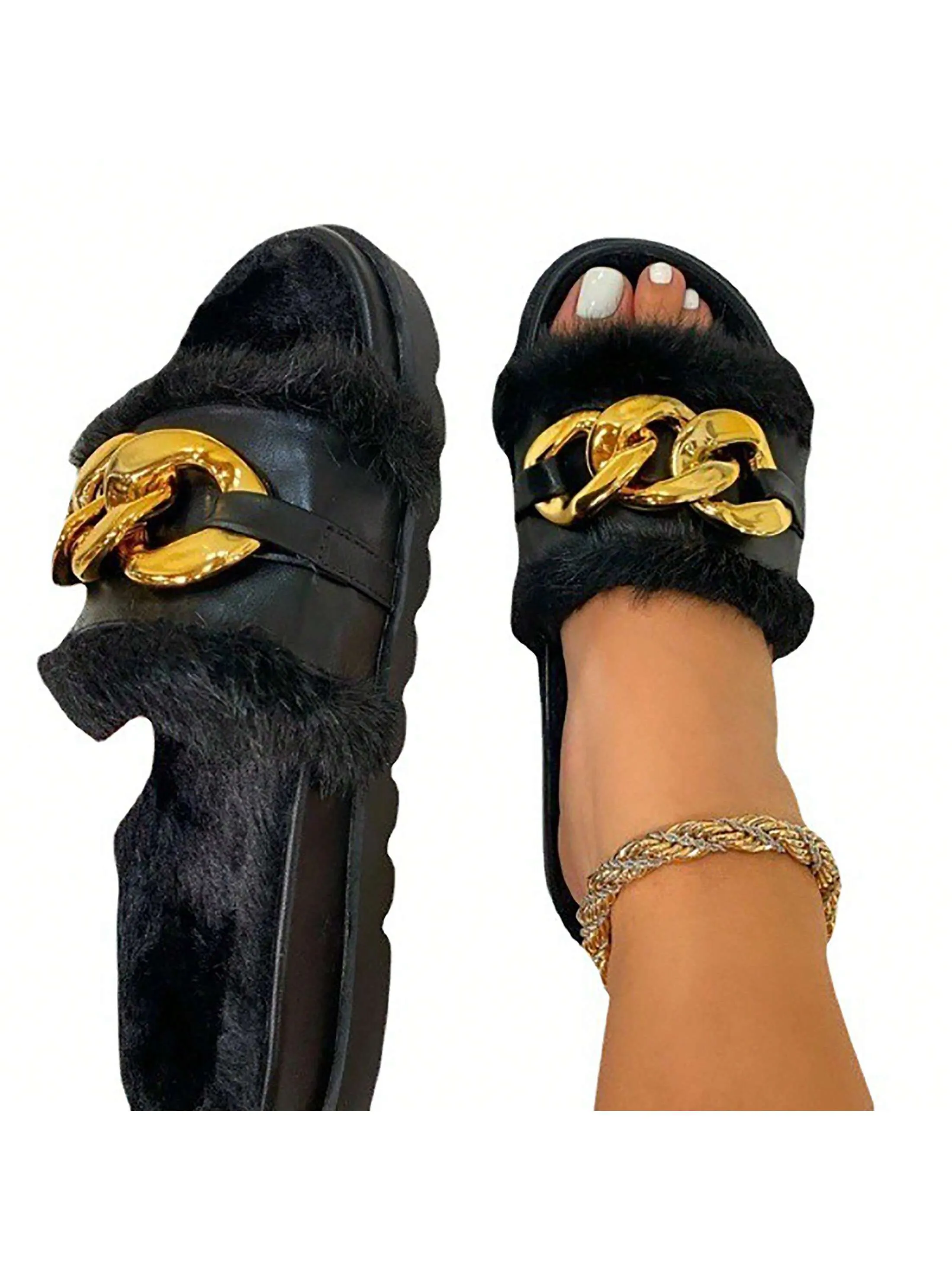 Winter Fashion Furry Fluffy Flat Slippers Women'S Open Toe Solid Color Sandals Metallic Chain Outdoor Casual Shoes