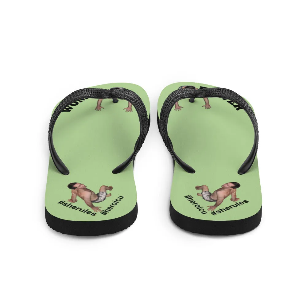 Woman Power Fabric Top Flip Flop Sandal Has Men Bow To Your Toes Pale Green Color with Black Letters (NEW 2023-04)