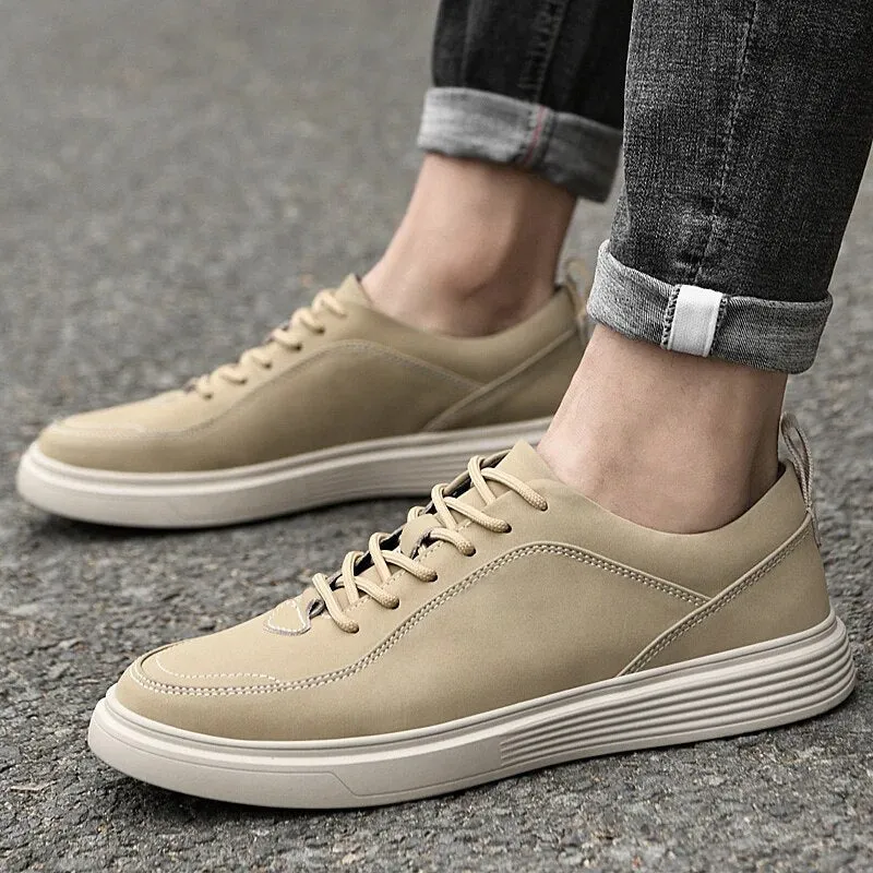 Xituodai  Size 38-45 Men Cowhide Casual Fashion Breathable Lace-up Leather Shoes Board Shoes Men's Beige/gray Rubber Outsole Casual Shoes