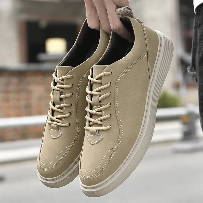 Xituodai  Size 38-45 Men Cowhide Casual Fashion Breathable Lace-up Leather Shoes Board Shoes Men's Beige/gray Rubber Outsole Casual Shoes