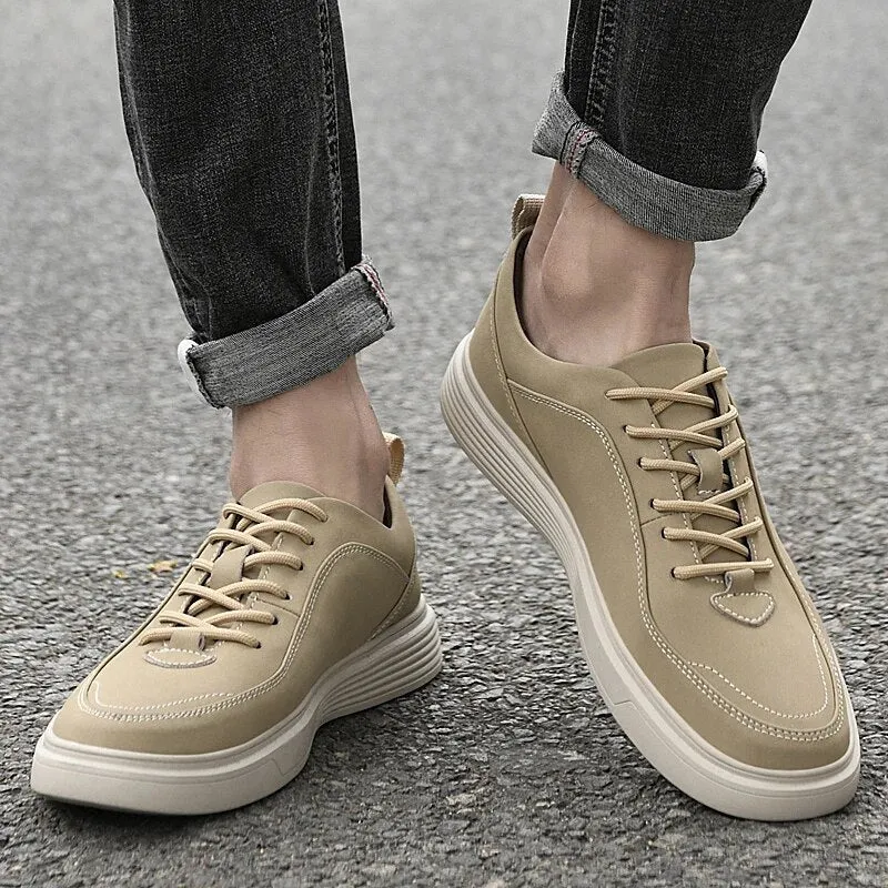 Xituodai  Size 38-45 Men Cowhide Casual Fashion Breathable Lace-up Leather Shoes Board Shoes Men's Beige/gray Rubber Outsole Casual Shoes